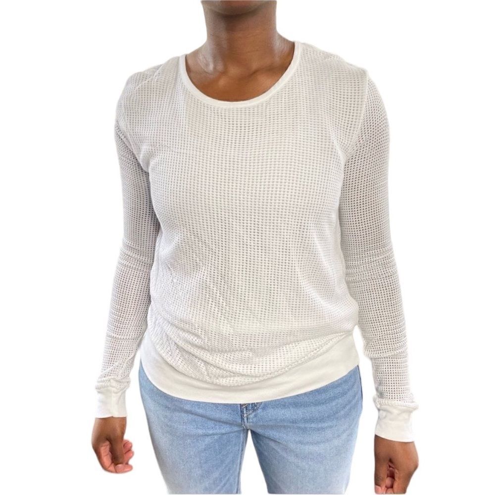 Revolve LACAUSA Open Weave Henley Scoop Neck Sweater Top